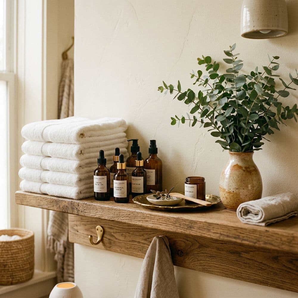 Salon interior detail with folded towels and skincare products